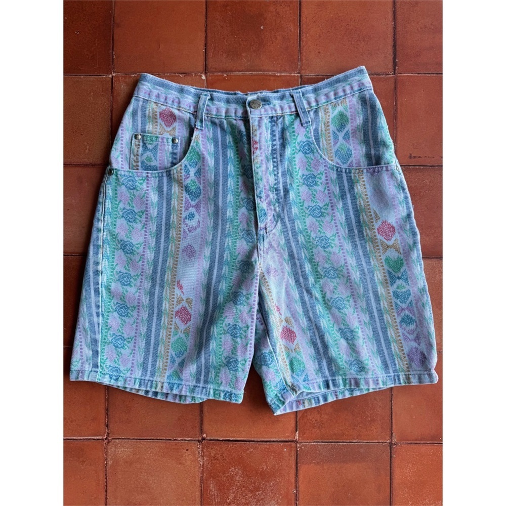 Sz 5/6 Vtg Denim Republic Light Wash Aztec Floral Boho High Waisted Shorts GUC
